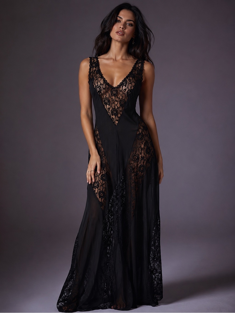 Vintage Fredericks of Hollywood Black Lace Sheer Nightgown Slip Dress Union Tag